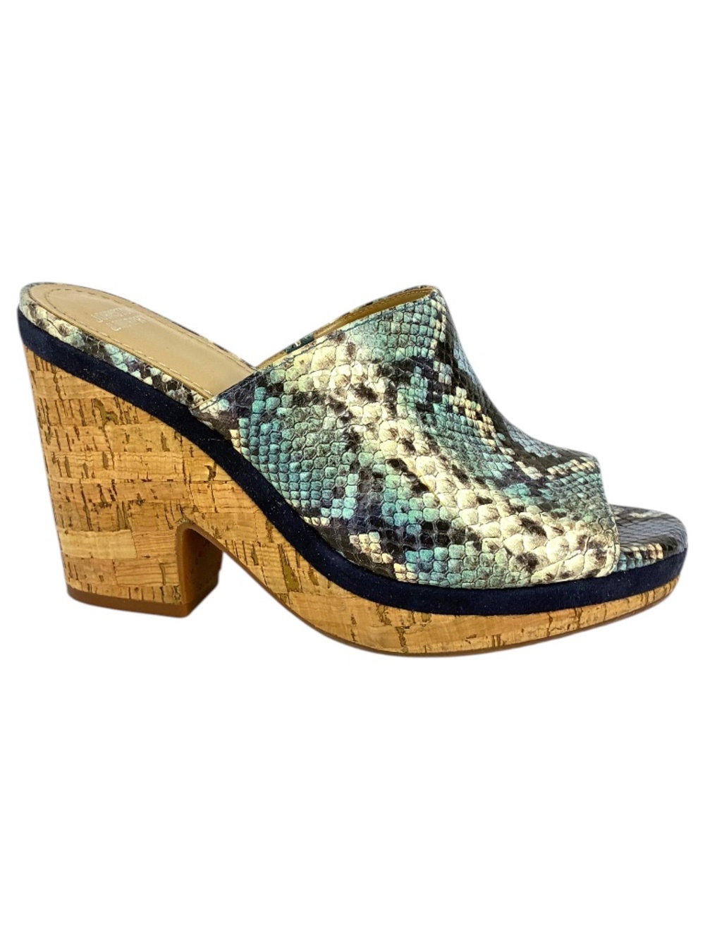 Johnston & Murphy Snakeskin Sandals 6.5 Brazil Cork Platform Peep Toe Clog Mules